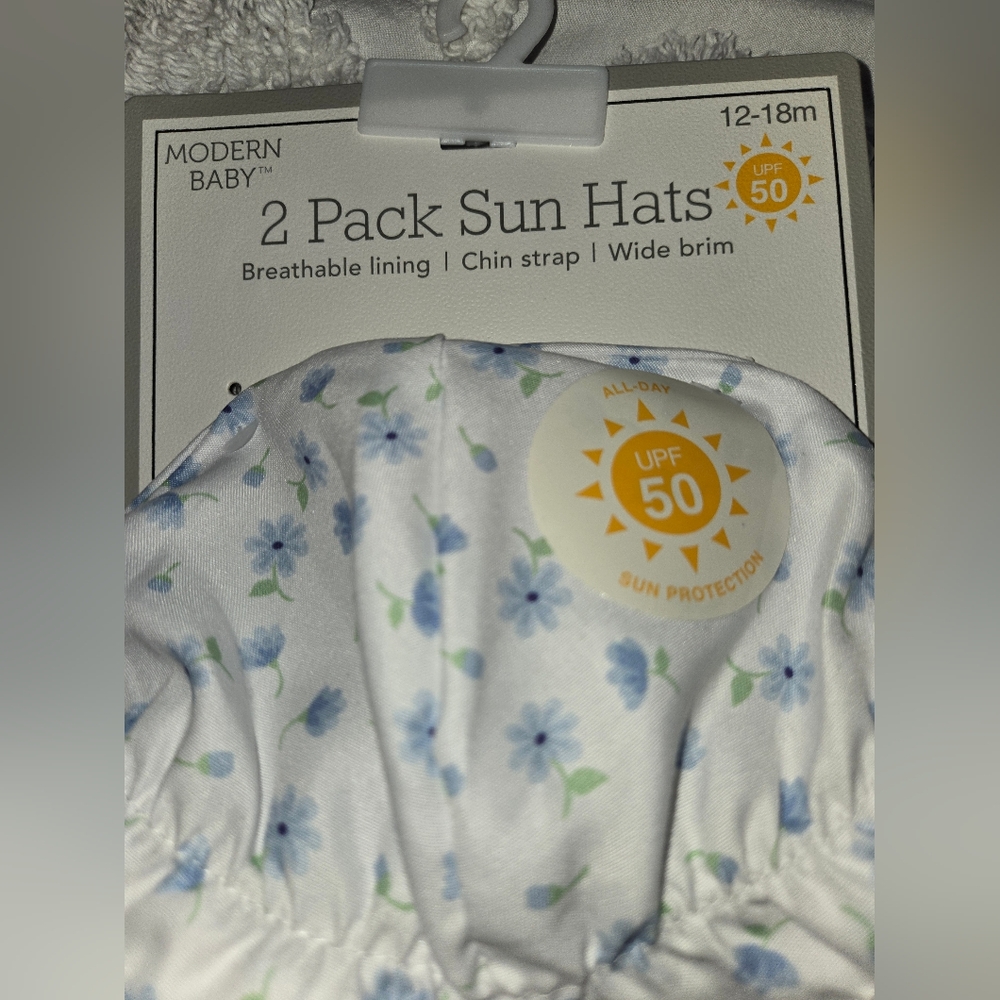 Modern Baby 2 Pack Blue Floral & Striped Sun Hats UPF 50 - Picture 2 of 5